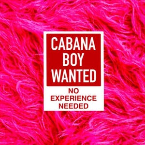 May include: A sign with the text "CABANA BOY WANTED" in white letters on a red background, with the words "NO EXPERIENCE NEEDED" below. The sign is set against a vibrant, textured pink background.