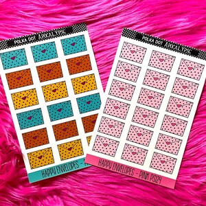 May include: Two sheets of stickers with a polka dot pattern and the text "Polka Dot Apocalypse" and "Happy Envelopes". The stickers are in the shape of envelopes with a heart in the center. One sheet has pink envelopes with black polka dots and the other sheet has teal, yellow, and orange envelopes with black polka dots.