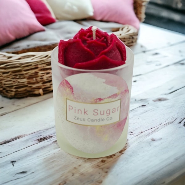 Rose candle- Pink Sugar candle- frosted glass candle- bridal shower candle- sweet 16 candle- birthday candle- housewarming gift candle