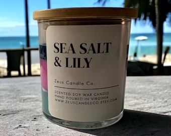 Sea salt & Lily Candle- beach candle- summer candle- shells candle