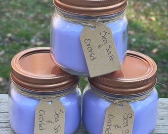 Rustic jar candles - Mason jar candles- country candles - wood wick candles- sea salt and orchid candles with crackling wood wick