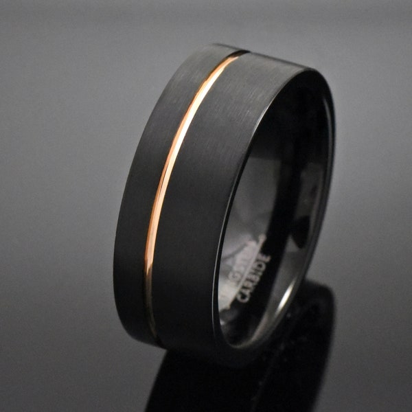Mens Tungsten Wedding Band, Rose Gold Inlay Black Tungsten Carbide Ring, Men Tungsten Ring, Men's Tungsten Carbide Wedding Ring, Engraved
