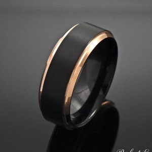 Rose Gold Black Tungsten Ring, Men&#39;s Rose Gold Wedding Band, Tungsten Ring Men, Black Wedding Band, Brushed Unique Modern Design, Minimalist