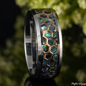 Men's Abalone Inlay Honeycomb Silver Beveled Edge Wedding Band, Personalized Engrave Wedding Rings for Men, Anniversary Wedding Gift for Him