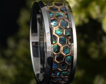 Men's Abalone Inlay Honeycomb Silver Beveled Edge Wedding Band, Personalized Engrave Wedding Rings for Men, Anniversary Wedding Gift for Him