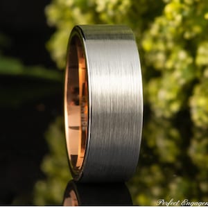 Rose Gold Plated Pipe Cut Ring, Brushed Center Tungsten Wedding Ring, 8mm Engagement Ring, Engraved Mens Promise Ring, Man Matted Ring Band
