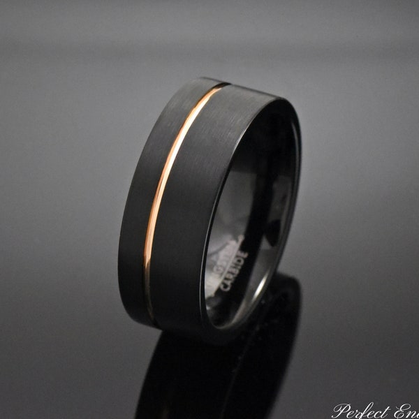 Mens Tungsten Wedding Band, Rose Gold Inlay Black Tungsten Carbide Ring, Men Tungsten Ring, Men's Tungsten Carbide Wedding Ring, Engraved