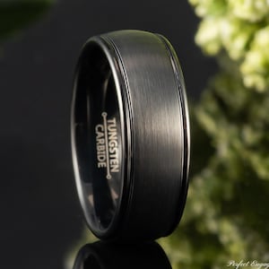 Brushed Center Grooved Edge 8mm Tungsten Wedding Ring, Mens Band Black, Modern Wedding Band, Promise Ring, Anniversary Ring Band Engrave