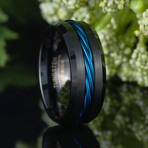 Black IP Tungsten Wedding Band Men, 8mm Beveled Edge Wedding Ring, Mens Promise Ring, Anniversary Ring, Tungsten Blue IP Plated Rope Inlay