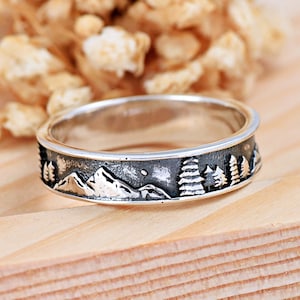 Mountains & Pine Trees Ring | Solid 925 Sterling Silver Nature Mountain Ring | Women&#39;s Silver Ring | Trendy | Outdoor Jewelry for Her