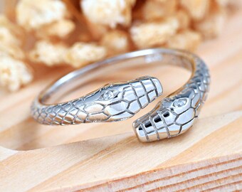 Snake Head Ends Open Ring  | Solid 925 Sterling Silver Snake Wraparound Ring | Women's Silver Ring | Trendy | Snake Adjustable Ring