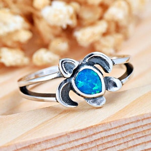 Cute Turtle Blue Lab Opal Ring | Solid 925 Sterling Silver Sea Turtle Ring | Womens Silver Ring | Trendy | Beach Theme Jewelry Gift Ideas