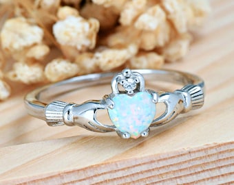 Claddagh White Opal Ring | Solid 925 Sterling Silver Traditional Irish Claddagh Ring | Womens Silver Ring | Trendy | Best Friend Gift