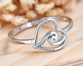 Wave in Heart Ring | Solid 925 Sterling Silver Heart Ocean Waves Ring | Women's Silver Ring | Trendy Gift for Surfers | Beach Theme
