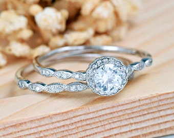 Dainty Halo Wedding Ring Set CZ | Solid 925 Sterling Silver Promise Engagement Rings Set | Womens Silver Ring | Trendy | Minimalist
