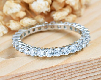 3mm Band Width Prong Set CZ Eternity Ring | Solid 925 Sterling Silver Cubic Zirconia Thin Eternity Stackable Ring | Women's Silver Ring Gift