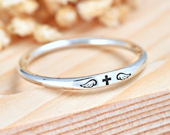 Cross with Wings Stackable Ring | Solid 925 Sterling Silver Cross Memorial Ring | Unisex Silver Ring | Trendy | Minimalist Jewelry