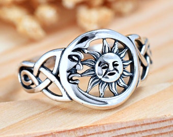 Celtic Moon Sun Ring | Solid 925 Sterling Silver Half Moon & Sun Ring | Womens Silver Celestial Boho Ring | Trendy | Statement Jewelry