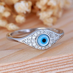 Blue Evil Eye Solitaire Ring | Solid 925 Sterling Silver Eye Ring | Women&#39;s Silver Ring | Trendy | Minimalist | Gift for Her