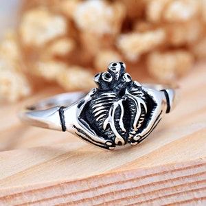 Anatomical Heart Hands Ring | Solid 925 Sterling Silver Gothic Style Ring | Womens Silver Ring | Halloween Theme Jewelry | Hands Heart Ring