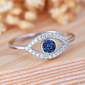 Blue CZ Eye Ring | Solid 925 Sterling Silver Evil Eye Ring | Women&#39;s Silver Ring | Trendy | Minimalist | Gift for Her