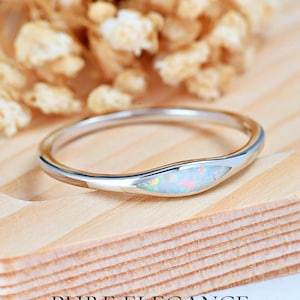 Thin Oval Opal Inlay Simple Ring | Solid 925 Sterling Silver Opal Ring | Women&#39;s Silver Ring | Minimalist Opal Stackable Ring