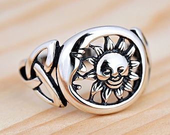 Crescent Moon Sun Trinity Knot Silver Ring | Solid 925 Sterling Silver Moon & Sun Ring | Women's Celtic Celestial Boho Ring | Gift for Her
