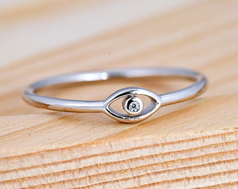 Dainty Eye CZ Stackable Ring | Solid 925 Sterling Silver Cubic Zirconia Ring | Womens Silver Ring | Trendy | Protection Symbol Ring