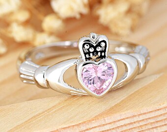 Bezel Set Pink CZ Claddagh Hands Crown Ring | Solid 925 Sterling Silver Claddagh Ring | Girl's Women's Traditional Irish Ring