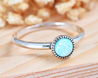 Simple 5mm Round Opal Rope Bezel Set Engagement Ring | Solid 925 Sterling Silver Promise Wedding Ring | Women's Opal Ring | Women's Gift