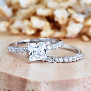 Princess Cut CZ Engagement Ring Set  | Solid 925 Sterling Silver Bridal Wedding Ring Set | Womens Silver Ring | Anniversary Gift Ring Set