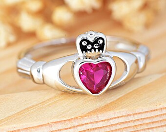 Bezel Set Ruby CZ Claddagh Hands Crown Ring | Solid 925 Sterling Silver Claddagh Ring | Girl's Women's Traditional Irish Ring