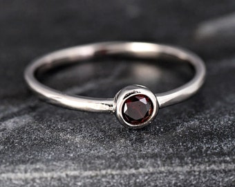 Dark Red Garnet CZ Bezel Dainty Solitaire Engagement Ring | Solid 925 Sterling Silver Bridal Ring | Women's Girl's January Birthstone Ring