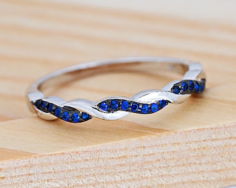 Blue Sapphire CZ & Clear CZ Twist Half Eternity Ring | Solid 925 Sterling Silver Cubic Zirconia 3mm Thin Stackable Ring | Gift for Her
