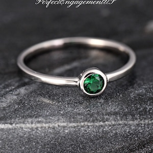 Emerald CZ Bezel Dainty Solitaire Engagement Ring | Solid 925 Sterling Silver Bridal Ring | Women&#39;s Girl&#39;s May Birthstone Ring