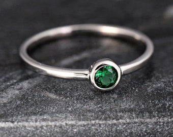 Emerald CZ Bezel Dainty Solitaire Engagement Ring | Solid 925 Sterling Silver Bridal Ring | Women's Girl's May Birthstone Ring