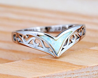 White Opal Inlay V Shape Filigree Ring | Solid 925 Sterling Silver Opal Chevron Ring | Women's Silver Stackable Ring | Opal Boho Ring