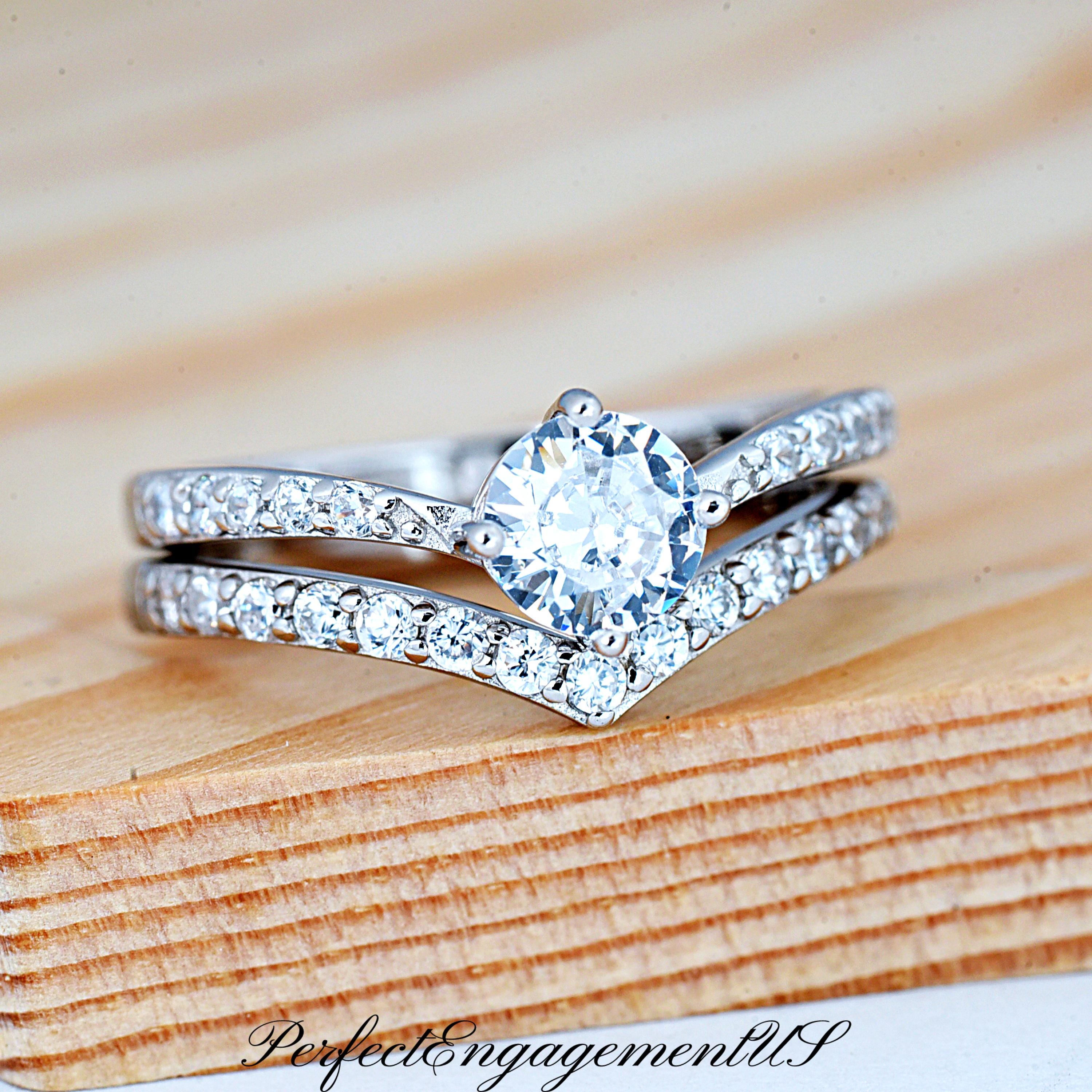 V Shape 6mm Round Cut CZ Birdal Wedding Ring Set | Solid 925 Sterling Silver Promise Engagement Rings Set | Art Deco Wedding Band Ring Set