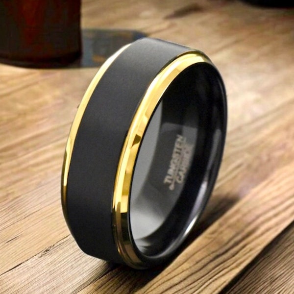 Unique Wedding Ring, Rings for Men, Promise Ring for Men, Black and Gold Tungsten Wedding Band Men, Men Wedding Band Tungsten, Custom Ring