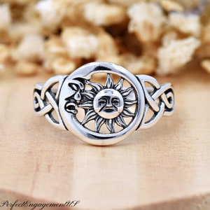 Celtic Moon Sun Ring | Solid 925 Sterling Silver Half Moon & Sun Ring | Womens Silver Celestial Boho Ring | Trendy | Statement Jewelry