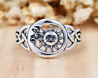 Celtic Moon Sun Ring | Solid 925 Sterling Silver Half Moon & Sun Ring | Womens Silver Celestial Boho Ring | Trendy | Statement Jewelry