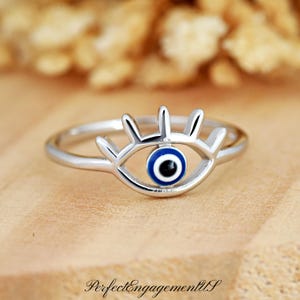 Minimalist Evil Eye Ring | Solid 925 Sterling Silver Blue Eye Ring | Women&#39;s Silver Ring | Trendy | Gift for Her