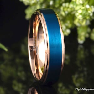 Two Tone Stepped Edge Rose Gold IP Plated Tungsten Ring, Blue IP Brushed Center, Men&#39;s Anniversary Wedding Ring