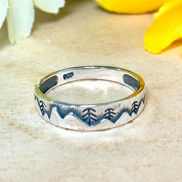 Mountains & Pine Trees Ring | Solid 925 Sterling Silver Snow Mountain Ring | Womens Silver Ring | Trendy | Nature, Hiking Theme Jewelry