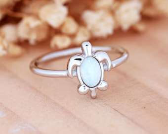Dainty Turtle White Lab Opal Ring | Solid 925 Sterling Silver Sea Turtle Ring | Womens Silver Ring | Trendy | Beach Theme Jewelry Gift Ideas