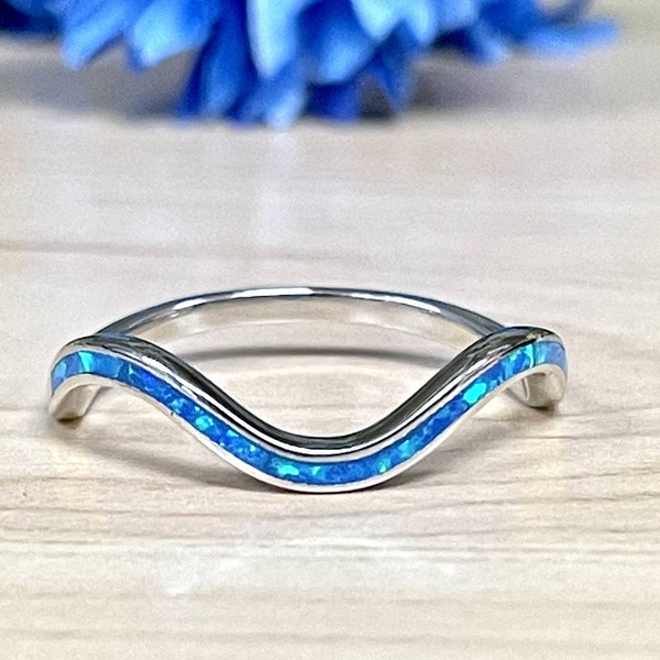 Wave Blue Lab Opal Stackable Ring | Solid 925 Sterling Silver Opal Ring | Womens Silver Ring | Minimalist | Trendy | For Her, Teens