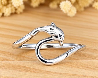 Ocean Wave Dolphin Silver Ring | Nautical Sea Wavy Ring | Solid 925 Sterling Silver Women's Girl's Beach Jewelry | Gift for Her