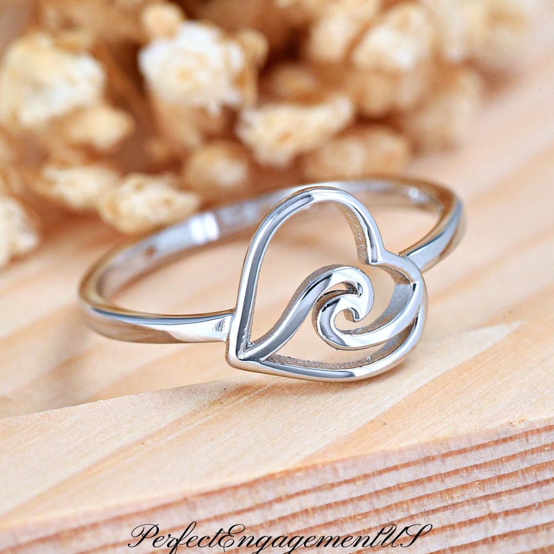 Wave in Heart Ring Solid 925 Sterling Silver Heart Ocean Waves