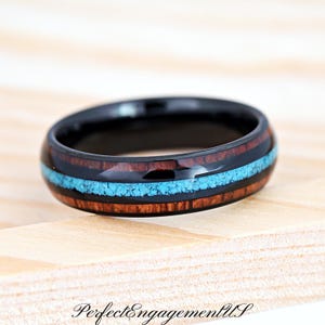 6mm Mens Turquoise Wedding Band, Wood Wedding Ring, Unique Wood & Turquoise Inlay Tungsten Ring, Mens Tungsten Wedding Band, Wood Ring