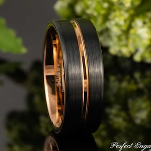 Pipe Cut Wedding Band, 8mm Two Tone Ring, Rose Gold & Black Plated Wedding Ring, Mens Engraved Promise Ring Band, Tungsten Carbide Ring